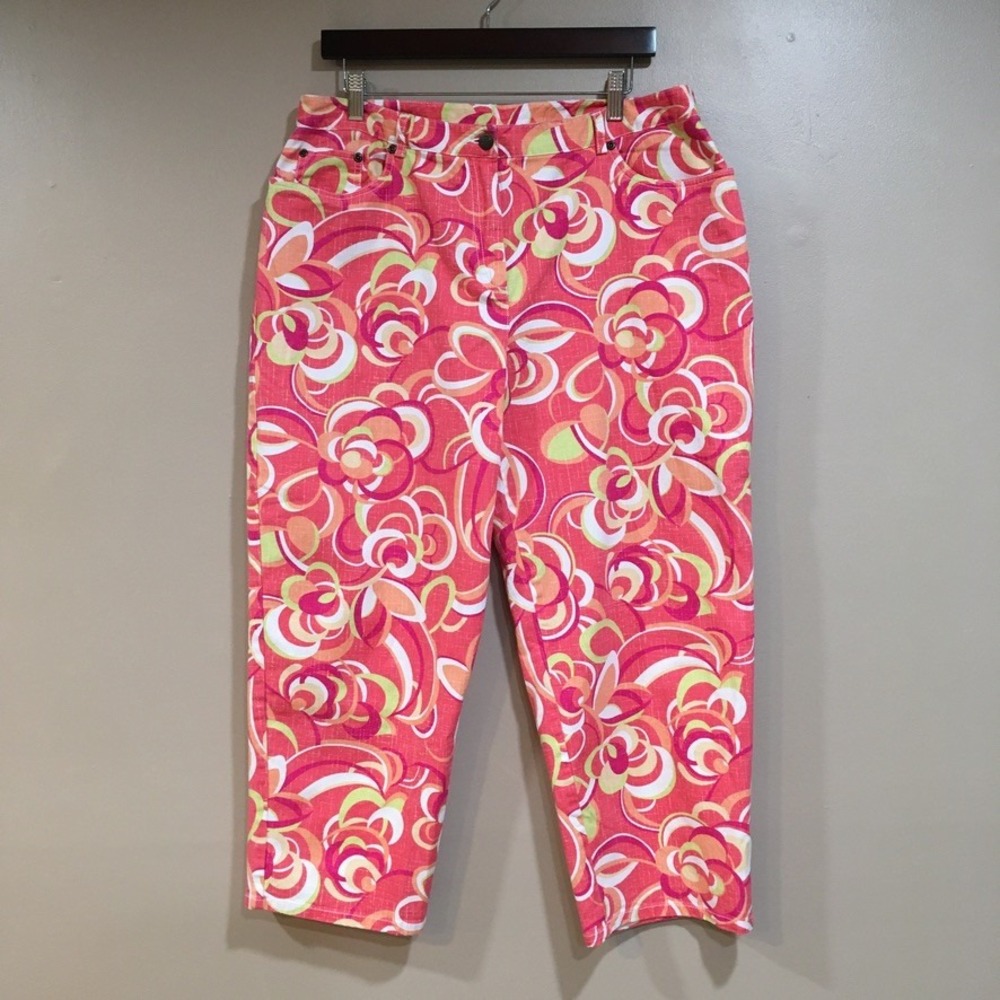 Ruby Road Tropical Capri Pant Womens 14 Pink‎ Floral Crop Resort Vacation Casual